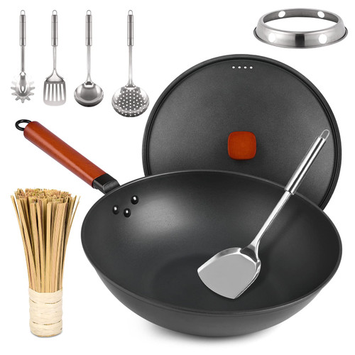 Wok Pan with Lid - 13" Nonstick Wok, Carbon Steel Woks & Stir-Fry Pans Set with 7 Cookwares, No Chemical Coated Flat Bottom Chinese wok, for Electric, Induction and Gas Stoves Wok Pan with Lid - 13" Nonstick Wok, Carbon Steel Woks & Stir-Fry Pans Set with 7 Cookwares, No Chemical Coated Flat Bottom Chinese wok, for Electric, Induction and Gas Stoves