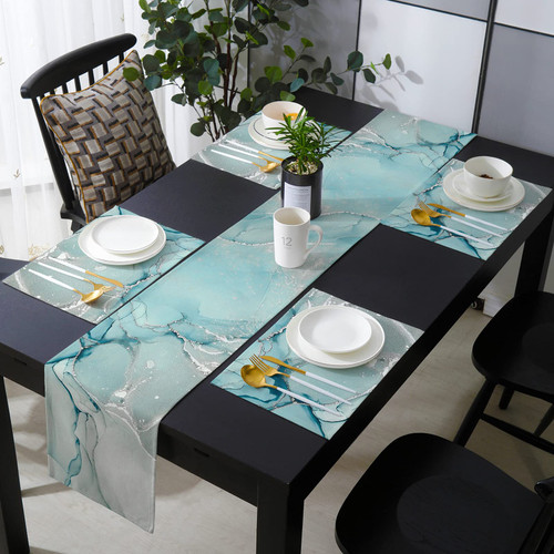 Daleng Blue Marble Table Runner 90 Inch and Place Mats Set of 6 Green Gray Texture Cotton Linen Table Mats Set, Teal, 1PCS 90x 13 inch + 6PCS 13 x19 inch (FBA20210617CXM-CDZQ-SWWF00003ZQJBDLG)