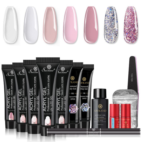 Saviland Nudes Poly Gel Nail Kit Glitter Poly Gel Nail 7 Colors Builder Nail Gel Nature Series Poly Nail Extension Gel Nail Enhancement Manicure Kit for Starter and Professional Nail Technician