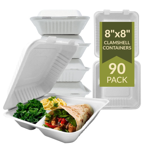 Reli. Compostable Clamshell To-Go Containers (90 Pack), 8x8 Inch | 3 Compartment | Disposable Take Out Food Containers/To Go Boxes | Biodegradable To Go Containers | Bagasse Clam shell | White 8x8