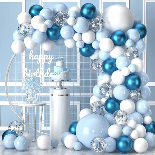 YOYOU Blue Balloon Garland Arch Kit White Metallic Blue Silver Confetti Balloons 107Pcs for Baby Shower Birthday Wedding Graduation Frozen Winter Wonderland Party Decorations