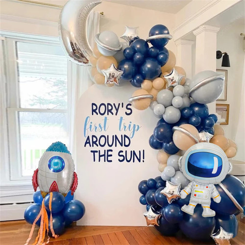 139Pcs Space Balloon Garland Arch Kit - Outer Space Birthday Decorations with Navy Blue Cream Gray Latex Galaxy Rocket Astronaut Moon Star Foil Balloons for Boy Space Themed Birthday Party Decorations