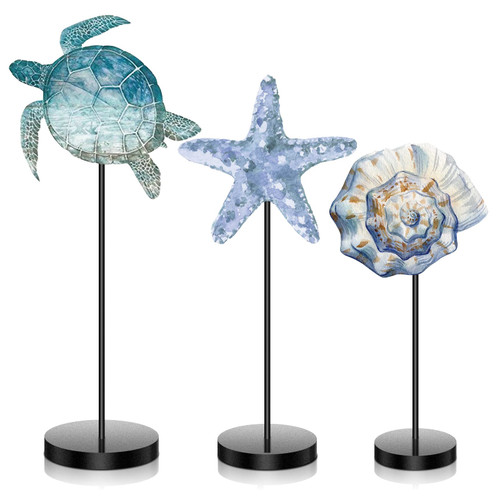 3 Pcs Summer Ocean Wood Table Sign Standing Wooden Starfish Sea Turtle and Shell Tabletop Home Decor Rustic Wooden Tabletop Centerpiece Tall Standing Block Decorations for Farmhouse Rustic Kitchen