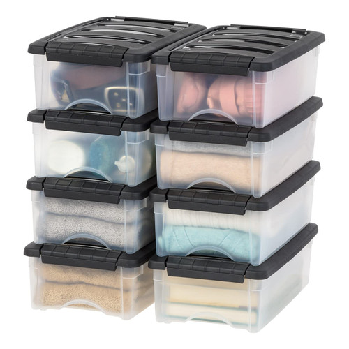 IRIS USA 5 Quart Stackable Plastic Storage Bins with Lids and Latching Buckles, 8 Pack - Clear/Black, Containers with Lids and Latches, Durable Nestable Closet, Garage, Totes, Tub Boxes Organizing
