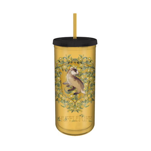 Silver Buffalo Harry Potter Hufflepuff Floral Crest Plastic Tall Cold Cup with Lid and Straw, 20 Ounces