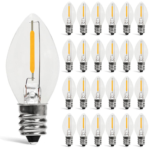 MX232 C7 LED Bulbs 0.6W Equivalent to 7W C7 Candelabra LED Filament Light Bulbs E12 Candelabra Base Edison Night Light Bulbs Warm White 2700K Indoor Outdoor String Lights Lamp Clear Glass 25PACK