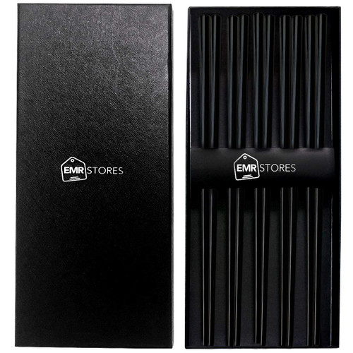 EMRSTORES Stainless Steel Chopsticks - Black Reusable Chopsticks - 5 Pairs Dishwasher Safe Metal Chopsticks - Easy to Use - Square Lightweight Chop Sticks - Gift Set