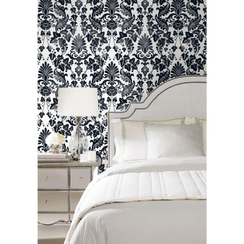 RoomMates RMK11598RL Black Vine Damask Peel and Stick Wallpaper