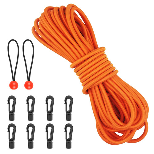Bungee Shock Cord,Elastic Rope,Bungee Straps,Kayak Elastic Cord,Marine Grade Shock Cord Ends,Kayak Bungee Cord Replacement Kit,Stretch String with Hooks& Bungees Ball Cords - 1/4'' x 19.6ft, Orange