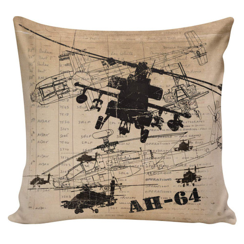 MangGou Military Pillow Vintage Burlap Pillow Cover 18x18 Apache Helicopter US Army AH64 Military History Channel Lovers Cotton Throw Pillow Cover Cushion Cover
