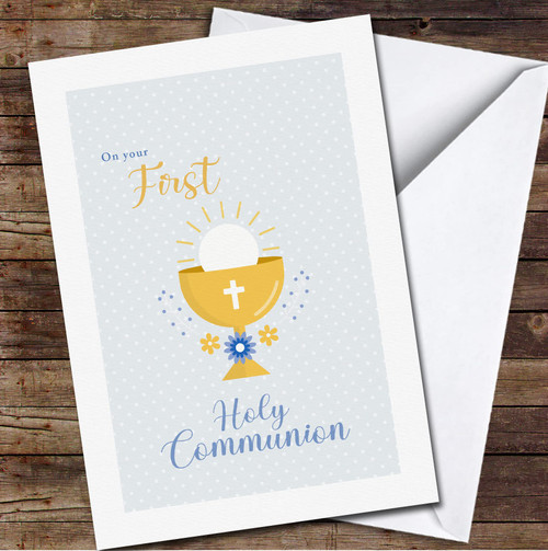 Blue Background Chalice Host First Holy Communion Personalized Card