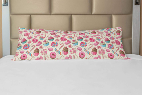 Ambesonne Candy Cane Body Pillow Case Cover with Zipper, Yummy Lollipop Candy Macaroon Cupcake and Donut on Polka Dots Pattern, Decorative Accent Long Pillowcase, 21" x 54", Pink and Blue
