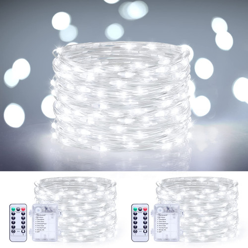 2 Packs Fairy Lights Battery Operated,16.5 FT 50 LEDs Christmas String Lights Remote Control Timer Twinkle String Lights 8 Modes Silver Wire Firefly Lights for Garden Party Indoor Decor-Cool White
