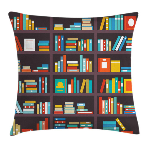 Ambesonne Bookshelf Throw Pillow Cushion Cover, Library Themed Cartoon with Shelves Full of Books Study Print, Decorative Square Accent Pillow Case, 20" X 20", Multicolor