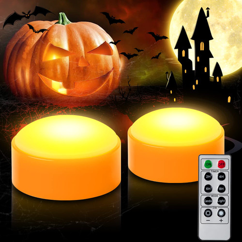 CANDLE IDEA 2 PCS Halloween LED Pumpkin Lights with Remote and Timer, Battery Operated Orange Jack-O-Lantern Light for Halloween Decor, Flameless Candles for Pumpkin Decoration