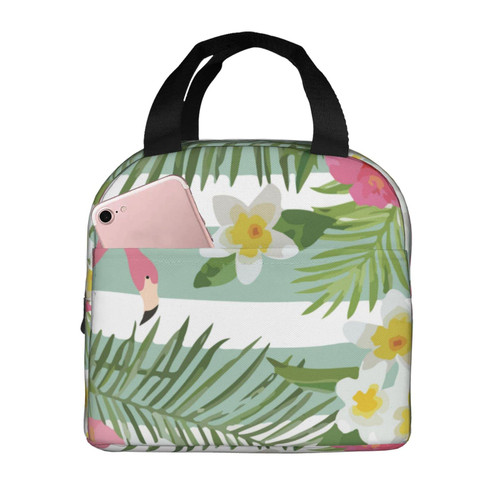 Reusable Lunch Tote Bag Tropical Flamingo Floral Insulated Lunch Bag Durable Cooler Lunch Box