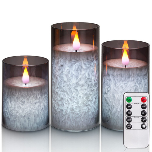 Homemory Grey Flameless Candles, Battery Operated Candles, Electric Fake LED Pillar Candles, Remote and Timers, Made of Acrylic and Wax, Yellow and Purple Glow Homemory Grey Flameless Candles, Battery Operated Candles, Electric Fake LED Pillar Candles, Remote and Timers, Made of Acrylic and Wax, Yellow and Purple Glow