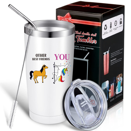 Geiserailie Other Best Friends Unicorn Mug Tumbler, Personalized Friendship Birthday Gift Friends Female, Sister, Bestie, BFF, 20 oz Vacuum Insulated Travel Mug with Lid Straw, Brush (White)