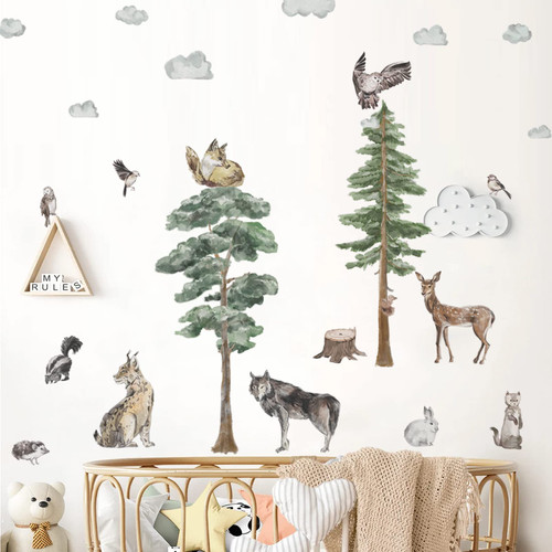 Safari Animals Wall Decals and 45in Large Pine Trees Wall Mural Stickers for Baby Nursery Decor Woodland Nursery Wall Stickers Watercolor Forest Animal Wall Decal Peel and Stick Kids Room Wall Art Decor