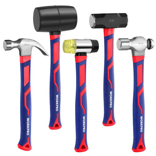 WORKPRO 5-Piece Hammer Set, Forged & Polished Steel Head, Fiberglass Handle, 32oz Rubber Mallet | 16oz Claw Hammer | 3lb Sledge Hammer | 16oz Ball Peen Hammer | 22oz Double-Faced Mallet WORKPRO 5-Piece Hammer Set, Forged & Polished Steel Head, Fiberglass Handle, 32oz Rubber Mallet | 16oz Claw Hammer | 3lb Sledge Hammer | 16oz Ball Peen Hammer | 22oz Double-Faced Mallet