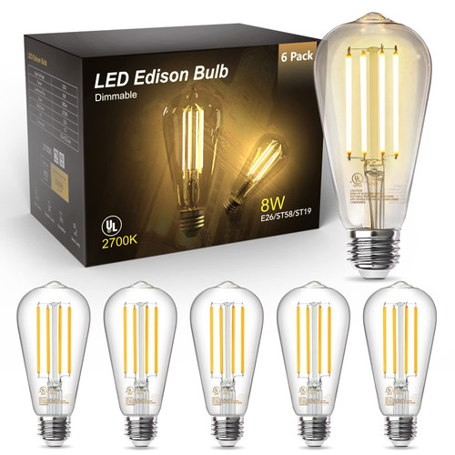 TJOY Edison Light Bulbs 60W Equivalent, Dimmable Vintage LED Light Bulbs, E26 Medium Base, Warm White 2700K, ST58, 8W, 800LM, 80+ CRI, Antique Decorative Filament LED Bulb, Clear Glass, 6 Pack TJOY Edison Light Bulbs 60W Equivalent, Dimmable Vintage LED Light Bulbs, E26 Medium Base, Warm White 2700K, ST58, 8W, 800LM, 80+ CRI, Antique Decorative Filament LED Bulb, Clear Glass, 6 Pack