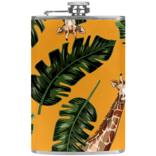 Tropical Plants Giraffe Pattern Yellow Flask for Liquor and Funnel, 8 Oz Leak Proof Stainless Steel Pocket Hip Flask
