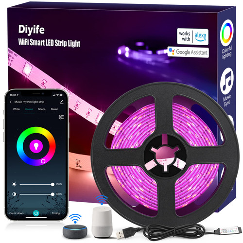Diyife 9.8FT WiFi LED Strip Lights, Smart LED Light Strip Compatible with Alexa and Google Home, App/Voice Control, Music Sync Color Changing RGB 5050 LED Lights for TV, Bedroom, Sofa, Kitchen, Party