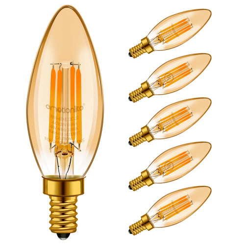 Emotionlite LED Light Bulbs, Dimmable Candelabra Bulbs, E12 Base, Amber Yellowish, Chandelier Light, Ceiling Fan Bulb, 40W Equivalent, 4W, 2200K, 350LM, UL Listed, 6 Pack