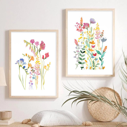 Watercolor Minimalist Wildflowers Art Print Colorful Flower Pictures Wall Decor for Bathroom Wildflower Painting on Canvas Watercolor Floral Pictures Wildflower Nursery Canvas 12x16inx2 Frameless Poster