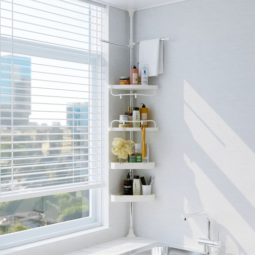 DAKEPOLE Rustproof Tension Shower Caddy, Stainless Steel Corner Stand Storage Organizer with Tension Pole for Bathroom Bathtub Shampoo Soap Plants, 4-Tier Adjustable Shelves,54 to 125 Inch