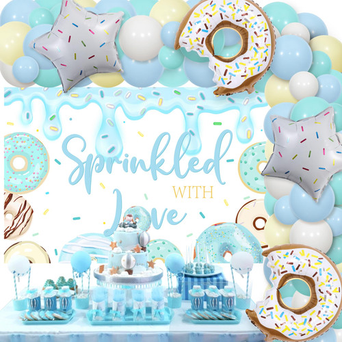 Donut Sprinkle Baby Shower Decorations Boy - Blue Sprinkled with Love Decorations with Backdrop Teal Balloon Garland Arch Kit, Stars Donuts Foil Balloons for Baby Shower Party Supplies