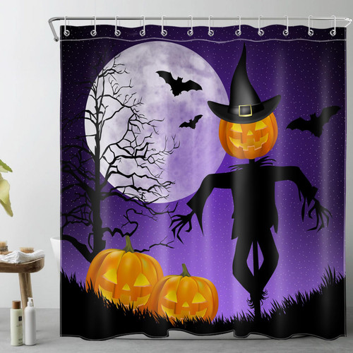 LB Halloween Pumpkin Shower Curtain for Bathroom,Scary Scarecrow with Black Witch Hat and Bat in Night Jungle Fabric Shower Curtain with Hooks,Purple Sky Moon Bathroom Curtain Shower Set, 72x72 inches
