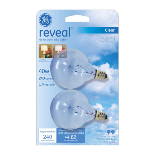 GE Lighting 48704 40-Watt Reveal Candelabra Globe G16.5, 2 Bulbs