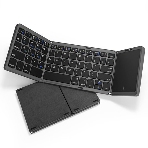 HAMOPY Foldable Keyboard, Leather Tri-Folding Wireless Portable Bluetooth Keyboard with Sensitive Touchpad Mouse (Sync Up to 3 Devices), Mini Rechargeable Travel Keyboard for Windows Mac Android iOS