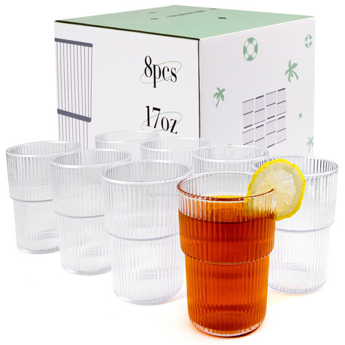 REALWAY Plastic Tumblers, Unbreakable Ribbed Glasses,17OZ Origami Style Drinking Cup, Reusable Plastic Glasses Drinking Dishwasher Safe, Clear Acrylic Cup Stackable for Kitchen Poolside, Set of 8
