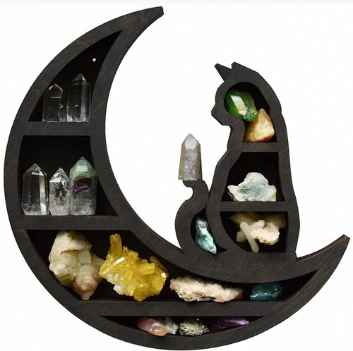 Neegaurd Cat on The Moon Crystal Wood Shelf, Wooden Crystal Display Shelf, Moon Shelf Black Cat Design Floating Moon Phases Shelf Gothic Witchy Room Decoration (Moon Cat)