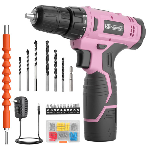 FADAKWALT Cordless Drill Set,12V Power Drill Set with Battery and Charger, compact Driver/Drill Bits, 3/8'' Keyless Chuck,21+1 Torque Setting, 150 inch-lbs, with LED Electric Drill Set?Pink?