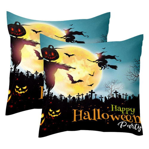 JAVENPROEQT Decorative Square Throw Pillow Covers Set of 2 Halloween Party Moon Witch Scarecrow Bat Tomb Pillow Case for Home Office Car, 18 x 18 inches