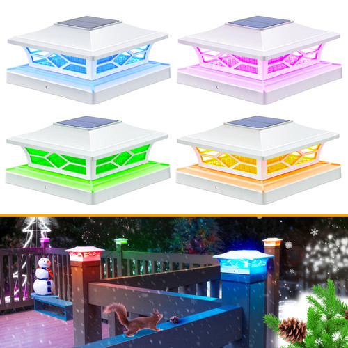 APONUO Solar Post Cap Lights,RGB Color Changing 2+6 Color Modes Fixed Colors Fence Post Solar Lights for Fence Deck Post Caps 4x4 6x6 Wood,4x4 Post Solar Lights Vinyl in Deck Fence Decor,White,4 Pack