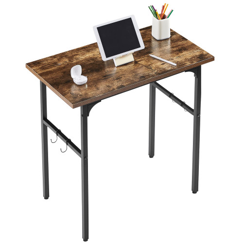 VECELO 32" Computer Writing Desk for Home Office, Study Table Workstation for Small Spaces with 4 Hooks & Adjustable Legs, Metal Frame,Brown, 32Inches