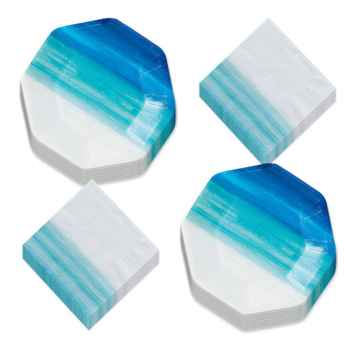 Live It Up! Party Supplies Coastal Blue Paper Dessert Plates and Beverage Napkins (Serves 16)
