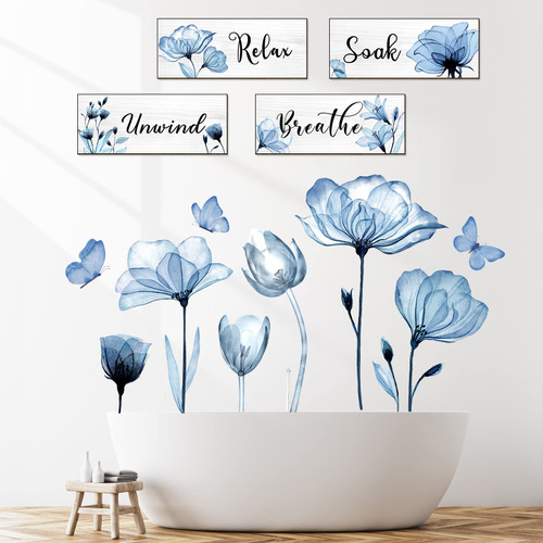 Bathroom Elegant Wall Hanging Sign, Relax Soak Unwind Breathe Blue Flower Wall Signs Bathroom Decor Wall Decals Wall Stickers, Relax Soak Unwind Breathe Wall Art Vinyl Murals for Bathroom Spa Home Wall Decor