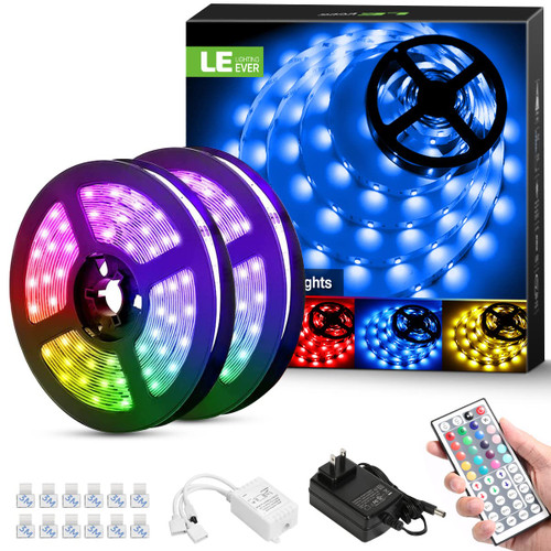 Lighting EVER LED Strip Lights, 32.8ft RGB LED Strip Lights with 44 Keys IR Remote and 12V Power Supply, Flexible Color Changing 5050 300 LEDs Light Strips Kit for Bedroom, Home, Kitchen (2X16.4FT)