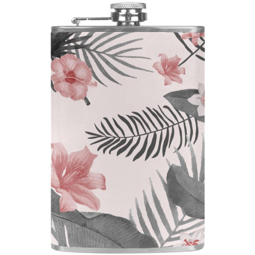 Ink Tropical Leaves & Flowers Pattern Flask for Liquor and Funnel, 8 Oz Leak Proof Stainless Steel Pocket Hip Flask