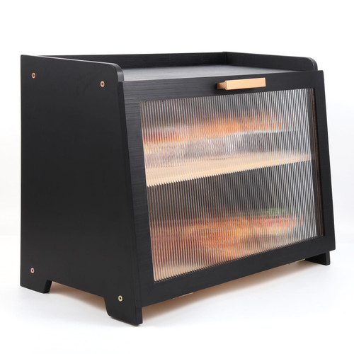 JMGnxt Double Layer Bamboo Corner Bread Box For Kitchen Countertop Wood Bread Boxes For Kitchen Counter With Window Bread Storage?Black?