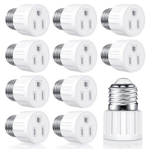 10 Pcs E26/E27 3 Prong Light Socket to Plug Adapter, Polarized Light Bulb Outlet Socket Adapter, FCC Listed Light Bulb Socket Adapter, 3 Prong Light Bulb with Plug Outlet for Porch Patio Garage,White