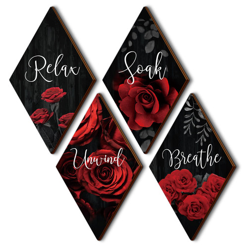 FairySandy 4 Pcs Red Rose Bathroom Wood Wall Decor Relax Soak Unwind Breathe Red and Black Bathroom Decor Rustic Red Sign Wall Decor Red Rose Canvas Wall Art for Living Room Home Decor Gift (Rhombus)