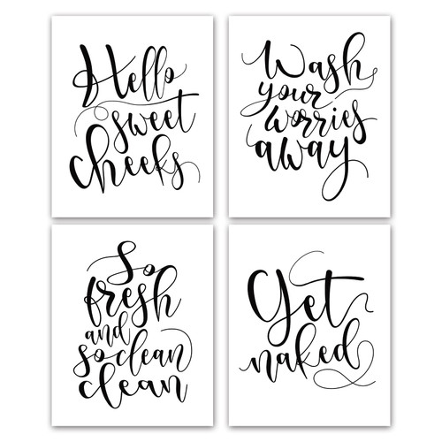 Unframed Funny Bathroom Wall Decor - Wash Your Worries Away wall Art Prints, 8x10 inch Bathroom Wall Art, Set of 4 Funny Positive Quotes Wall Decor Art Prints for Washroom Bathroom Laundry Room
