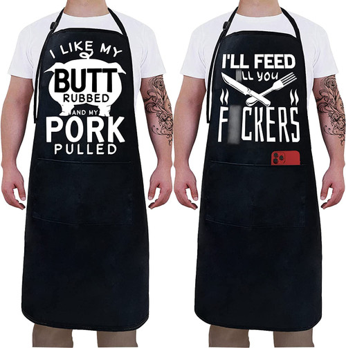 2-Pack Funny Balck Waterproof Aprons for Men Women With Pockets -Funny Birthday Gifts for Men Grilling Gifts for Dad, Husband, Fathers, Son, Boyfriend - Kitchen Bbq Chef Cooking Apron