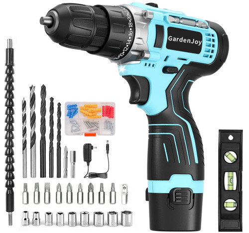 GardenJoy Cordless Power Drill Set - 12V Electric Drill Driver Kit with 65pcs Acessories, Battery Powered, 3/8" Keyless Chuck, 2 Variable Speed, 24+1 Torque Setting, Drill for DIY Project Home